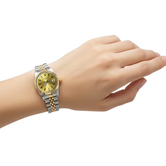 Lunetta scanalata champagne quadrante a bastone Rolex Date orologio da donna giubileo P2