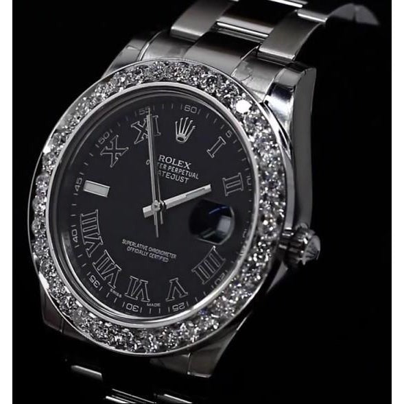 Lunetta personalizzata con diamanti Dj Ii Orologio Rolex Bracciale Oyster Quadrante nero