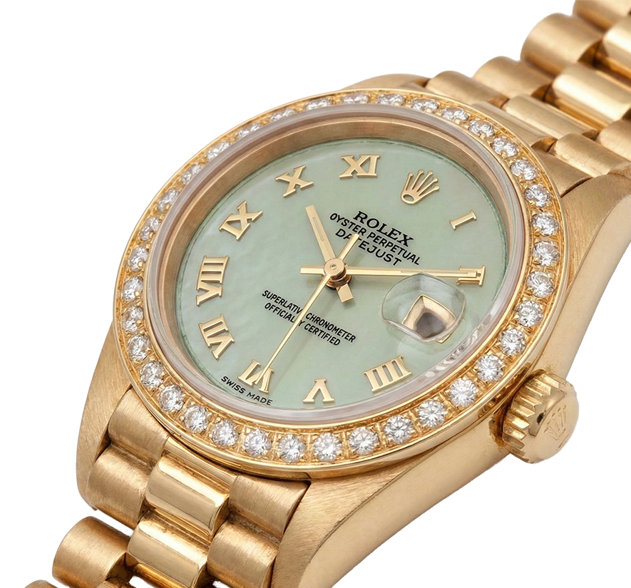 Madreperla bianca Quadrante romano Orologio presidenziale Rolex Datejust Lunetta con diamanti Oro