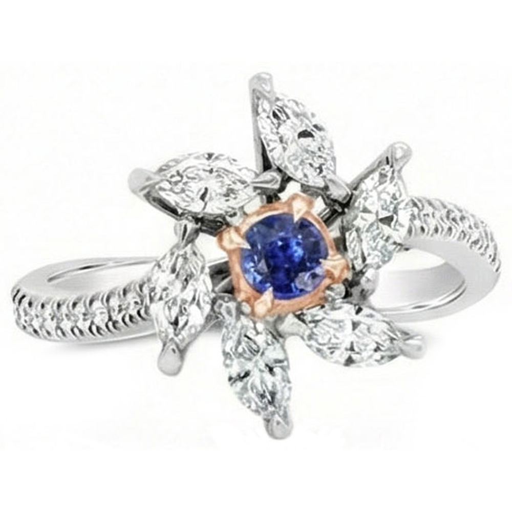 Marquise Diamond Round Zaffiro Anello Stile Fiore 2.50 Carati Two Tone