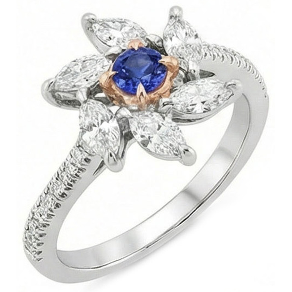 Marquise Diamond Round Zaffiro Anello Stile Fiore 2.50 Carati Two Tone