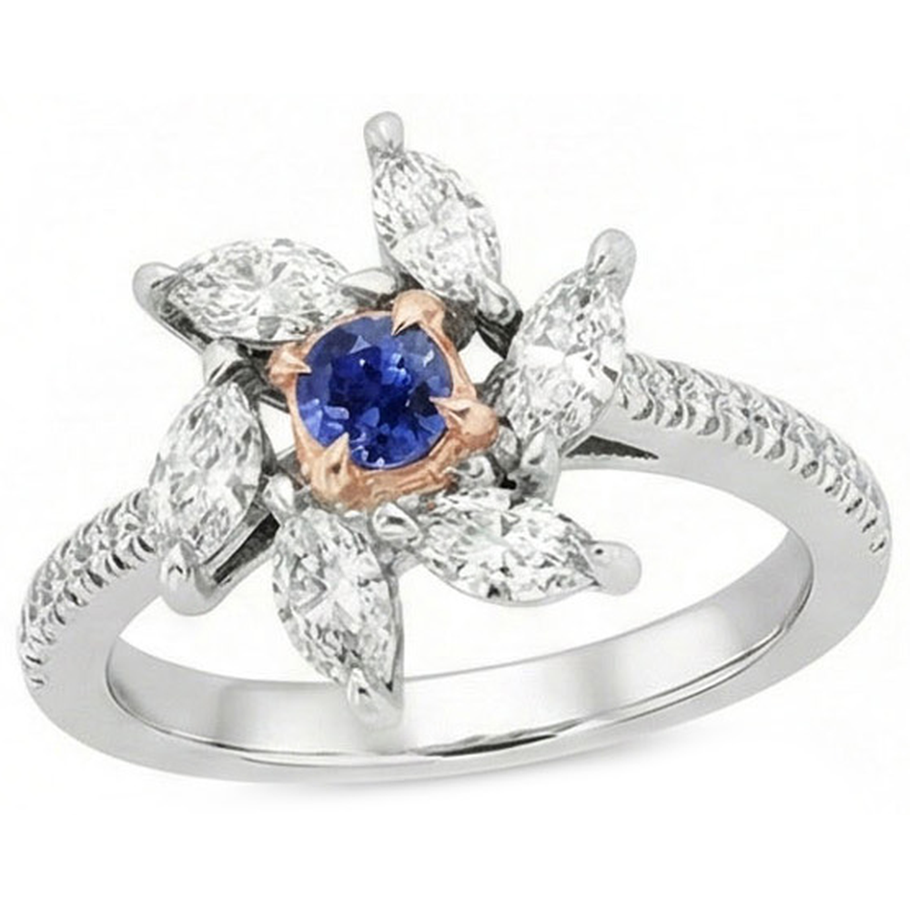 Marquise Diamond Round Zaffiro Anello Stile Fiore 2.50 Carati Two Tone
