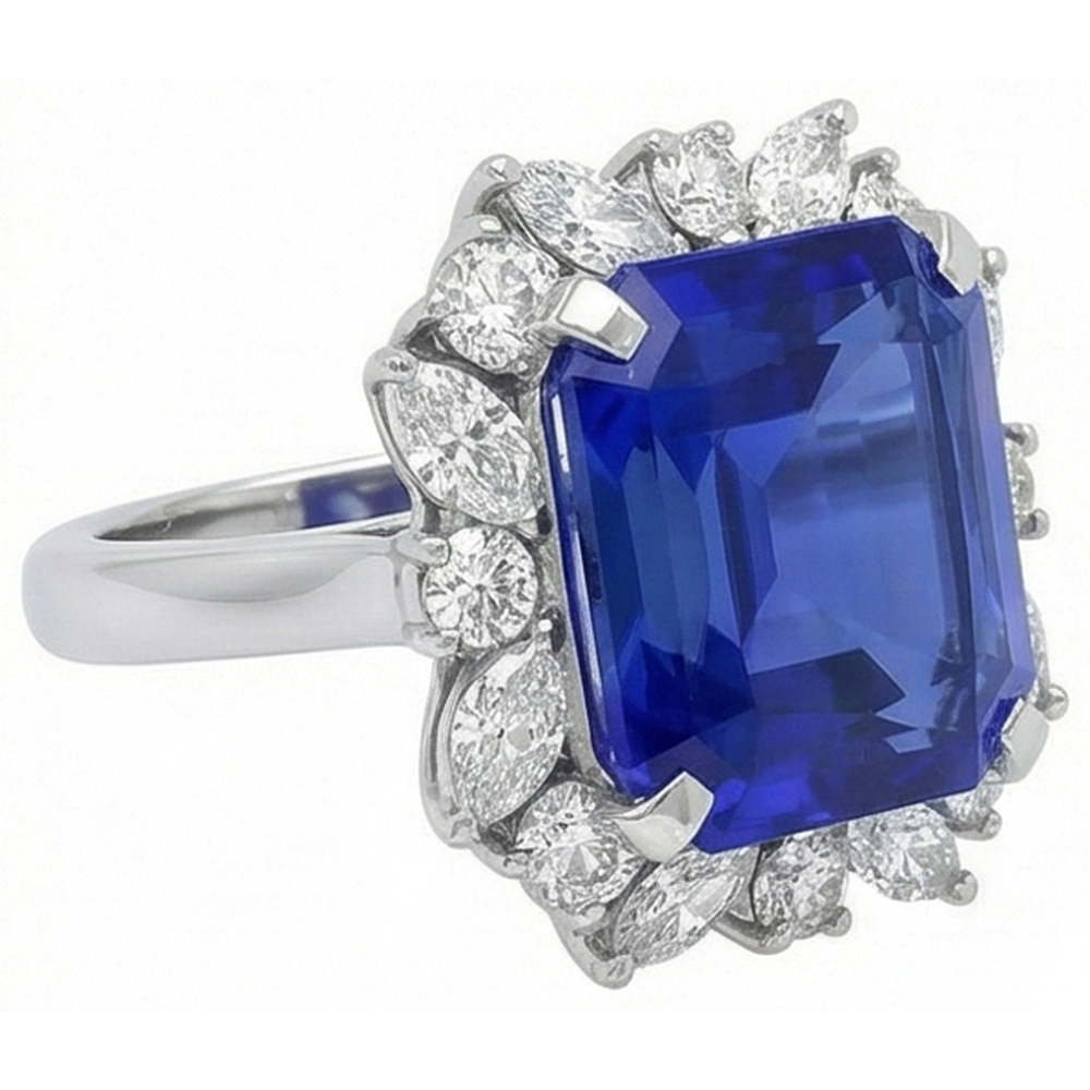 Marquise & Round Diamond Halo Zaffiro Anello 9 Carati Stile Fiore