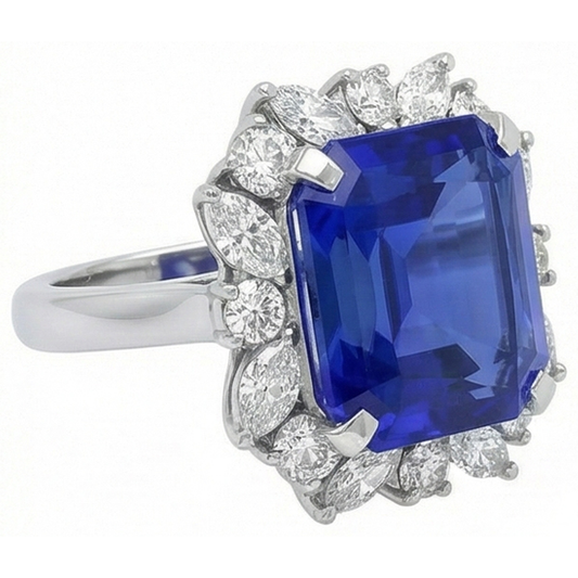 Marquise & Round Diamond Halo Zaffiro Anello 9 Carati Stile Fiore