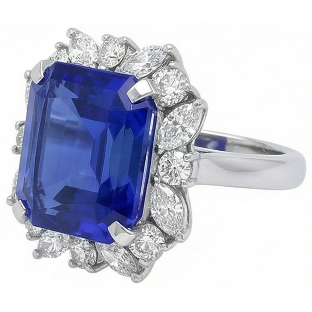 Marquise & Round Diamond Halo Zaffiro Anello 9 Carati Stile Fiore