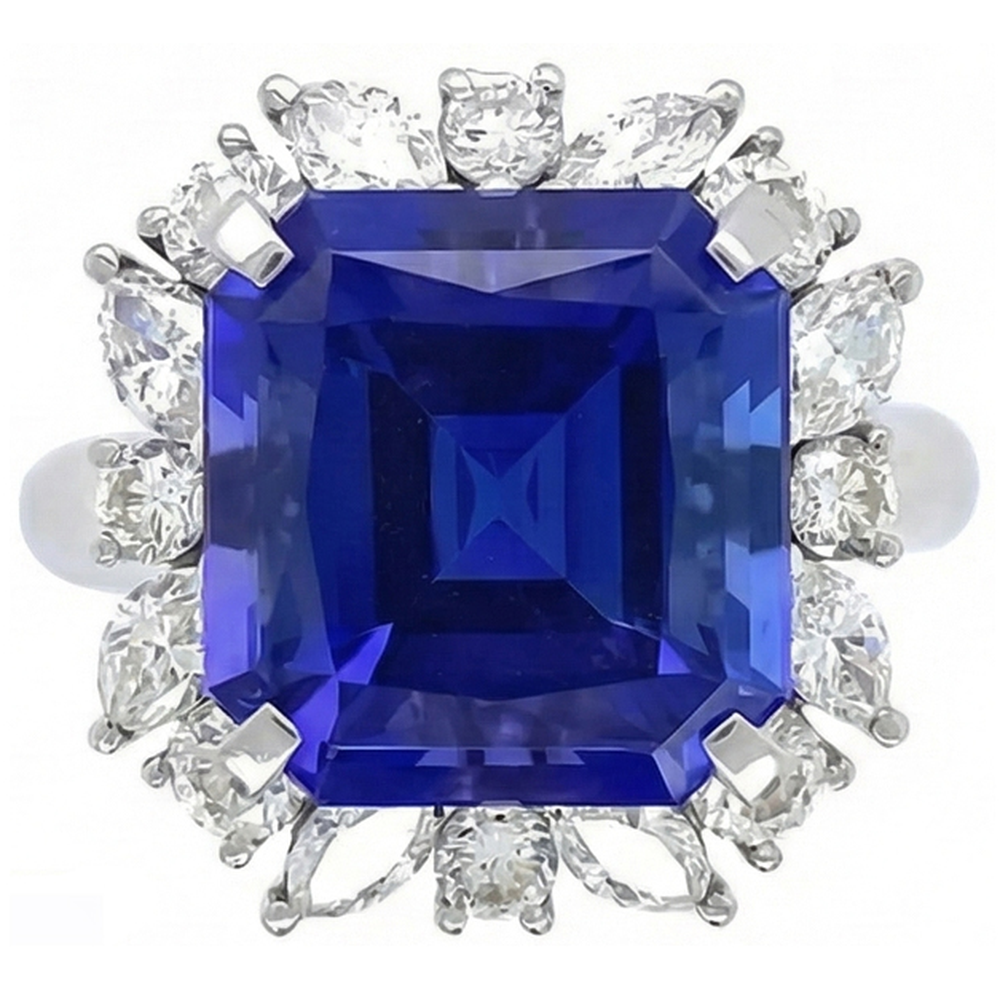 Marquise & Round Diamond Halo Zaffiro Anello 9 Carati Stile Fiore