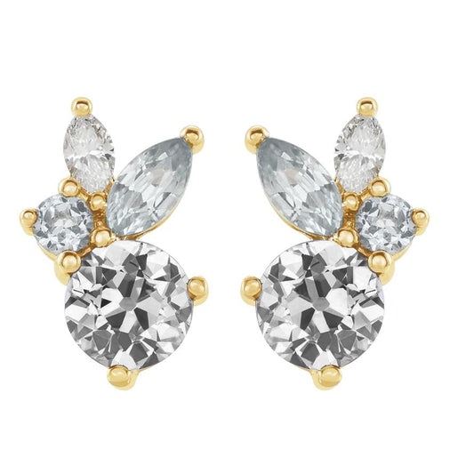 Marquise & Il Giro Vecchio Minatore Genuino Diamante Studs 3 Stone 9 Carati Yellow Gold