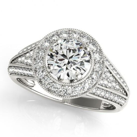Milligrain Halo Ring 2,50 Carati Di Genuino Diamanti Tondi In Oro Bianco Massiccio 14K