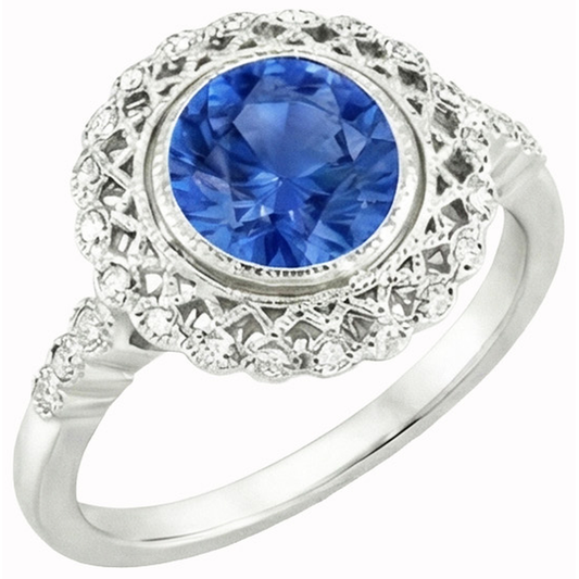 Montatura ad anello con zaffiro Ceylon tondo da 3,80 carati e diamanti, oro bianco 14K