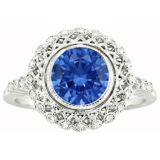 Montatura ad anello con zaffiro Ceylon tondo da 3,80 carati e diamanti, oro bianco 14K