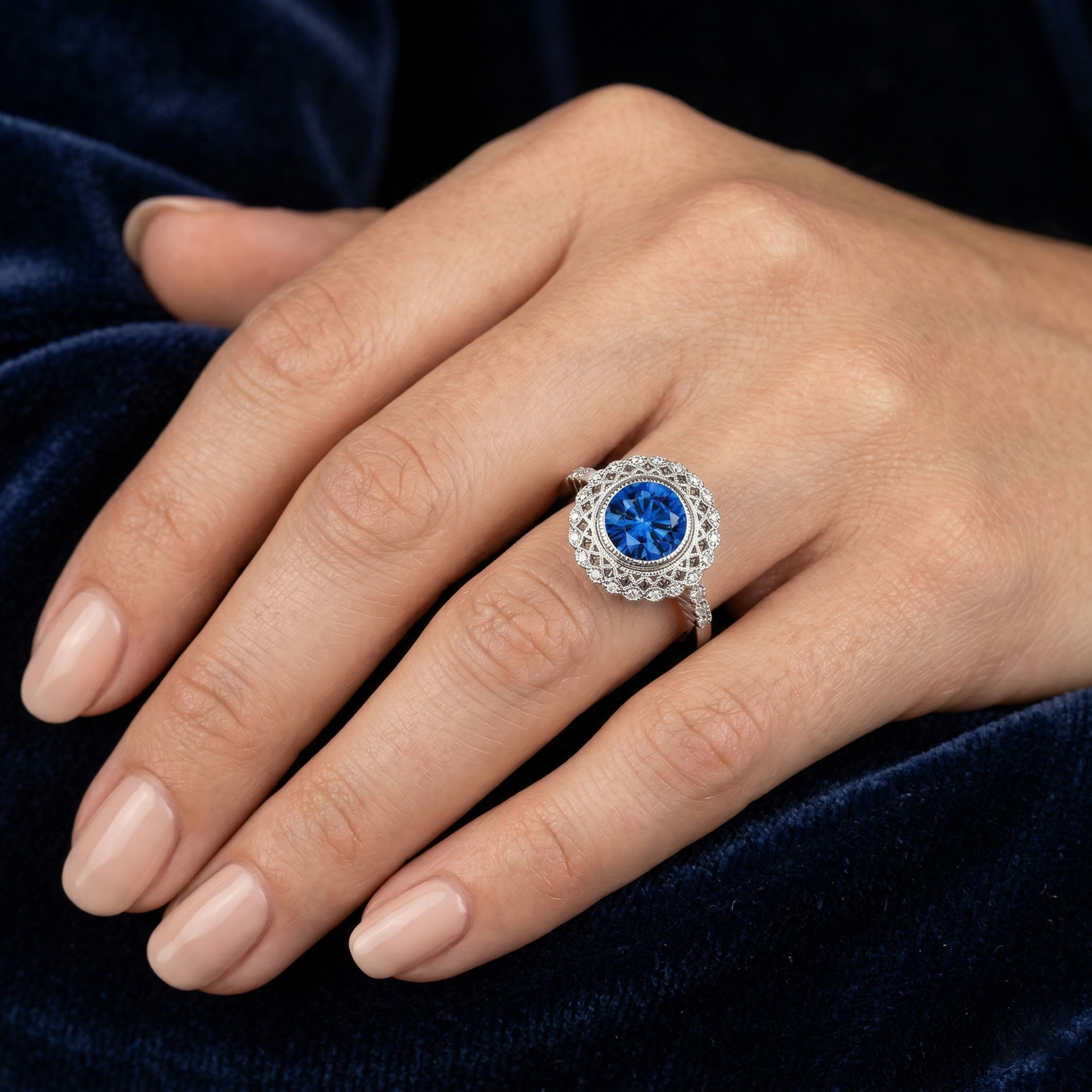 Montatura ad anello con zaffiro Ceylon tondo da 3,80 carati e diamanti, oro bianco 14K