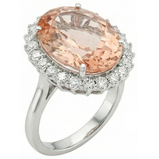 Morganite grande con piccoli diamanti 18,50 ct. Anello Nuovo Oro Bianco 14K
