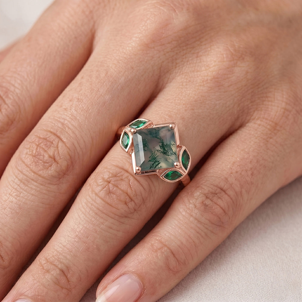 Moss Agate Anello con Gemma fatto a mano 2,50 carati