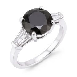 Anello a Tre Pietre con Diamante Nero Naturale Autentico da 3,6 Carati Taglio Rotondo e Baguette in Oro Bianco 14K