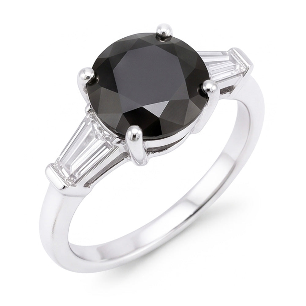 Anello a Tre Pietre con Diamante Nero Naturale Autentico da 3,6 Carati Taglio Rotondo e Baguette in Oro Bianco 14K