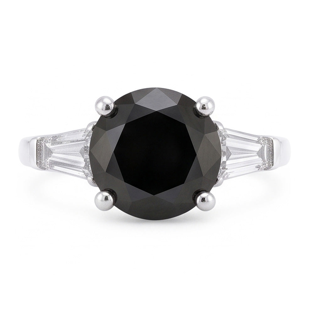 Anello a Tre Pietre con Diamante Nero Naturale Autentico da 3,6 Carati Taglio Rotondo e Baguette in Oro Bianco 14K