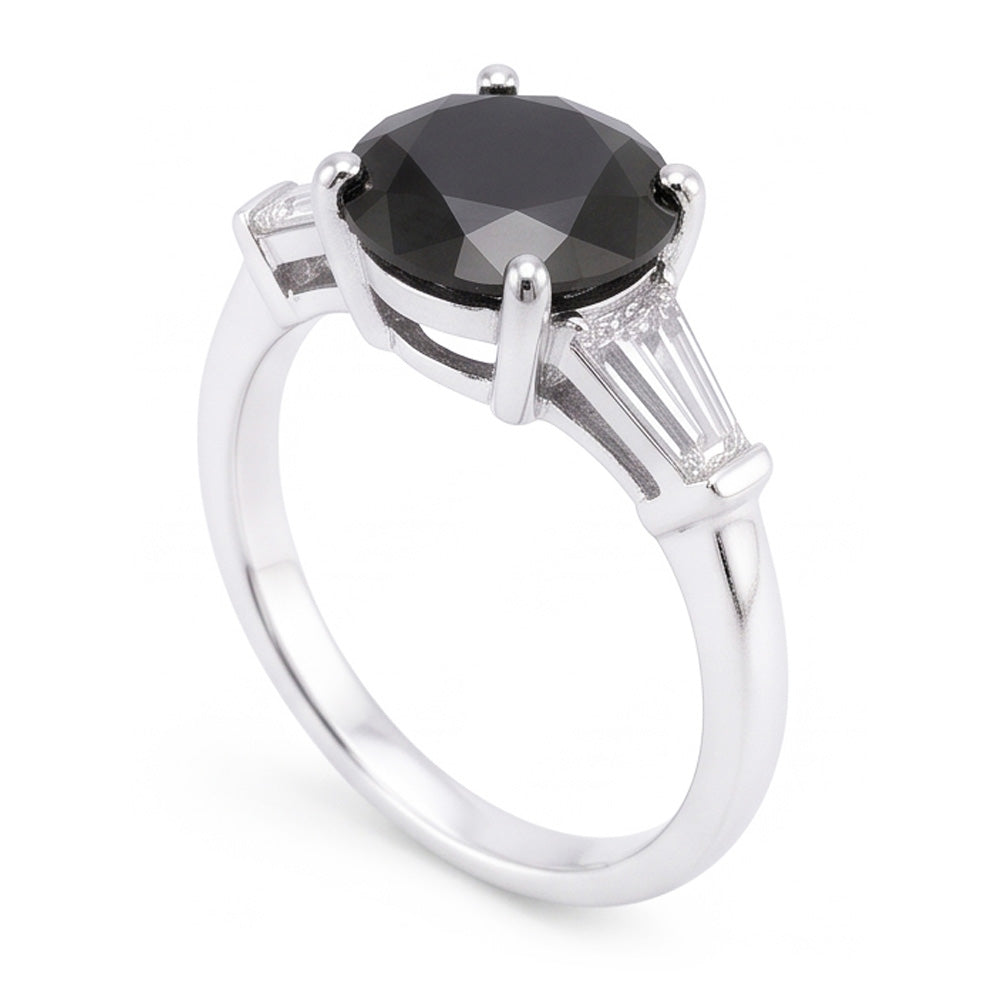 Anello a Tre Pietre con Diamante Nero Naturale Autentico da 3,6 Carati Taglio Rotondo e Baguette in Oro Bianco 14K