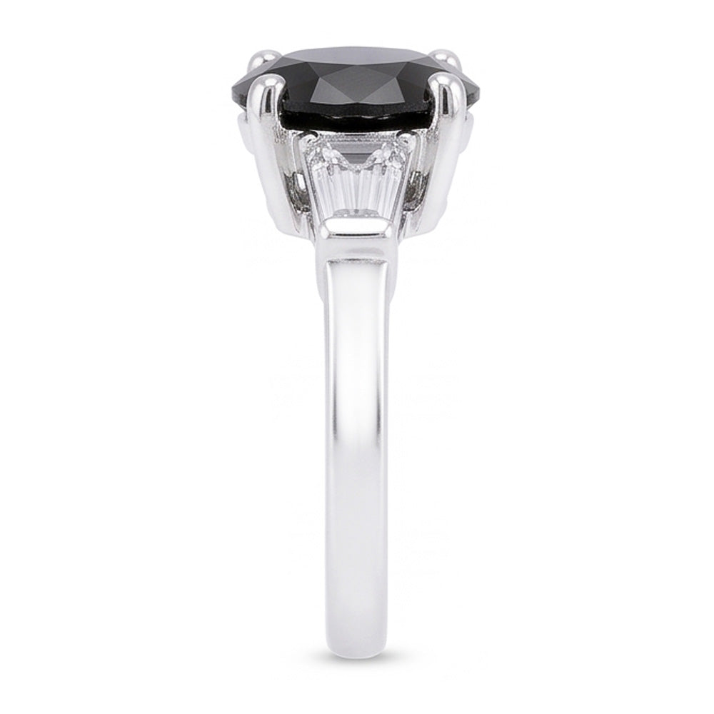 Anello a Tre Pietre con Diamante Nero Naturale Autentico da 3,6 Carati Taglio Rotondo e Baguette in Oro Bianco 14K