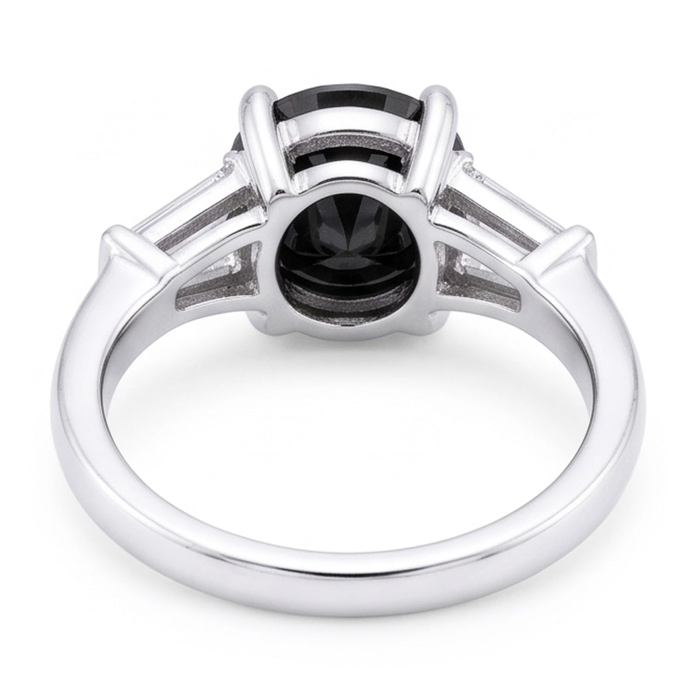 Anello a Tre Pietre con Diamante Nero Naturale Autentico da 3,6 Carati Taglio Rotondo e Baguette in Oro Bianco 14K
