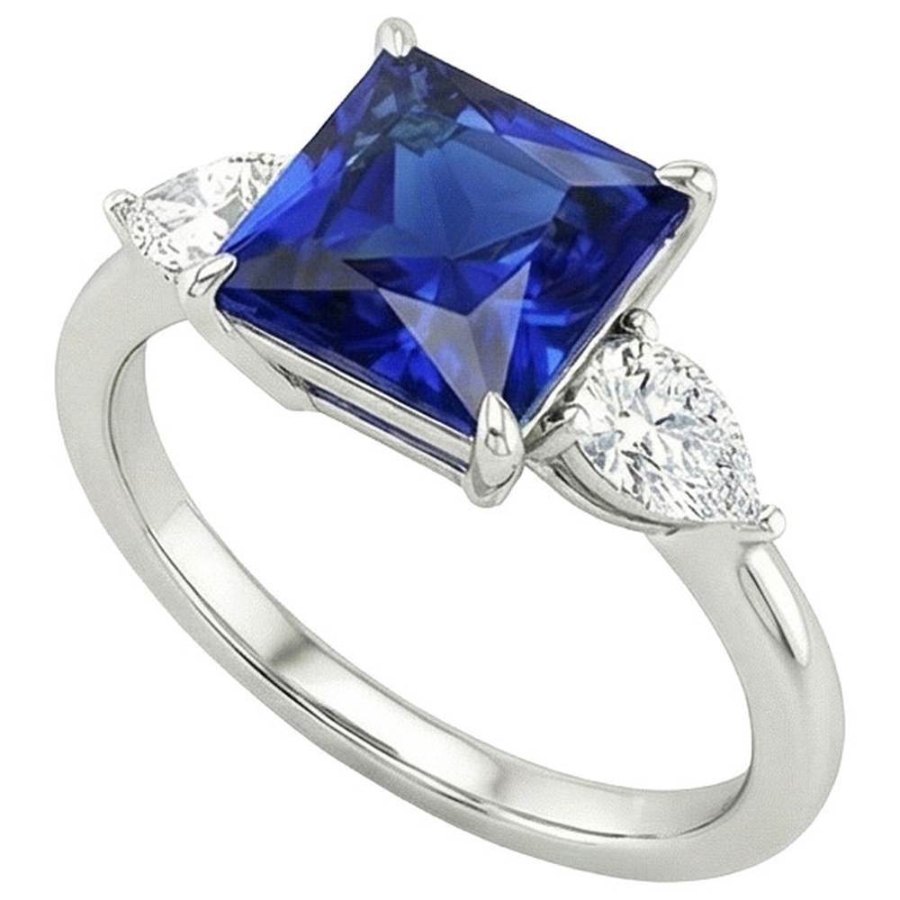Naturale Princess Ceylon Zaffiro e Pera Diamante 3 Anello Pietra 4 Carati
