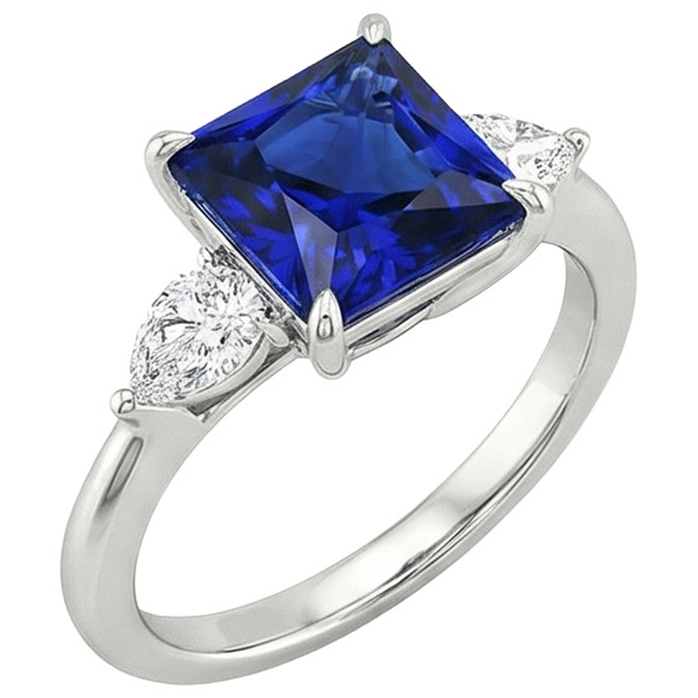 Naturale Princess Ceylon Zaffiro e Pera Diamante 3 Anello Pietra 4 Carati