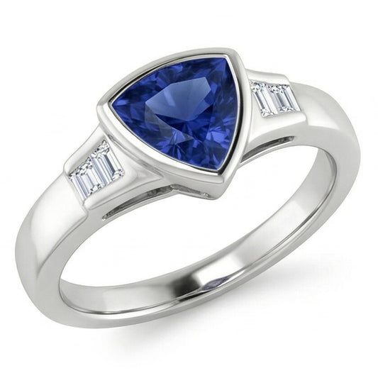 Nuovo anello di fidanzamento 1,25 ct Ceylon Blue Sapphire Trillion Diamond con oro bianco 14K