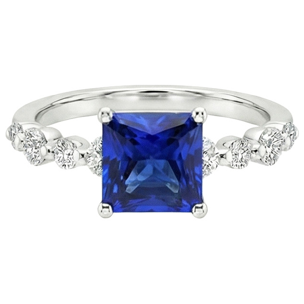Nuovo zaffiro blu naturale taglio principessa oro con accenti anello 4 carati