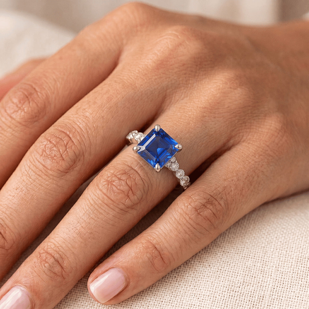 Nuovo zaffiro blu naturale taglio principessa oro con accenti anello 4 carati