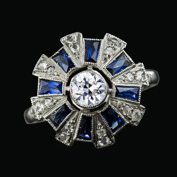 Old Miner Round Vero Diamond Baguette Blue Sapphire Halo Ring 3.75 Carati