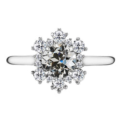 Oro Bianco 14K Cuscino Antico Diamante Fine Anello con Pavé Halo