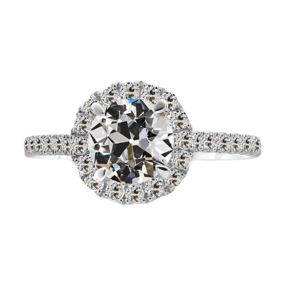 Diamante Fine Taglio Old Mine Anello con Pavé Halo in Oro 14 Carati Bianco – vista principale
