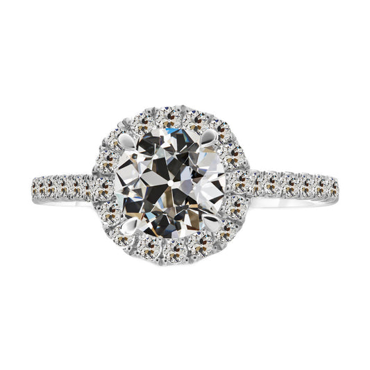 Diamante Fine Taglio Old Mine Anello con Pavé Halo in Oro 14 Carati Bianco – vista principale