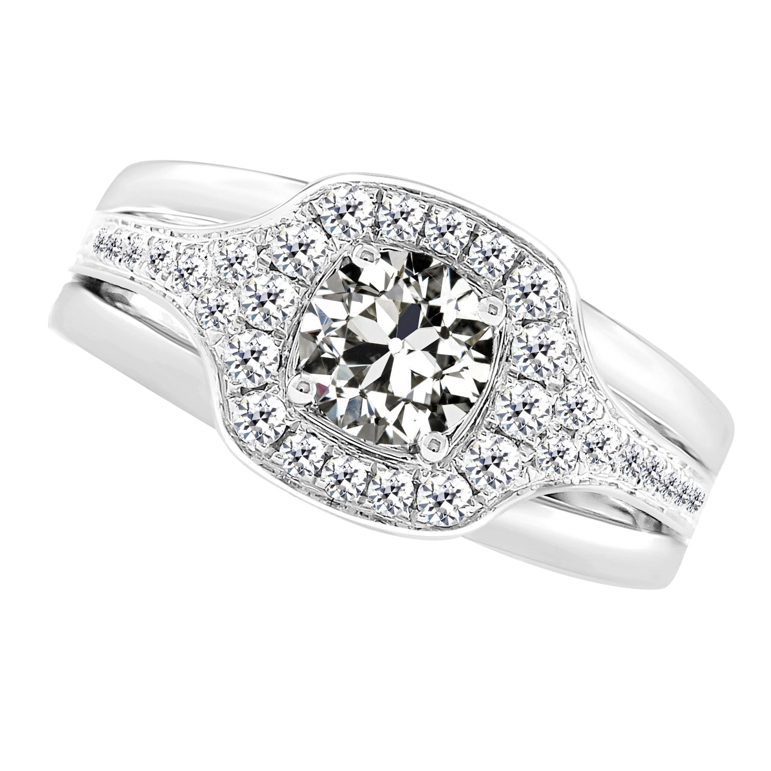Diamante Cuscino Antico Anello con Pavé Halo in Oro Bianco 14K – vista principale