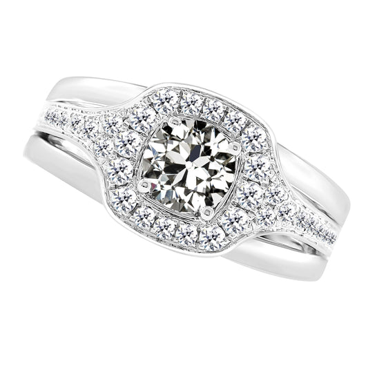 Diamante Cuscino Antico Anello con Pavé Halo in Oro Bianco 14K – vista principale