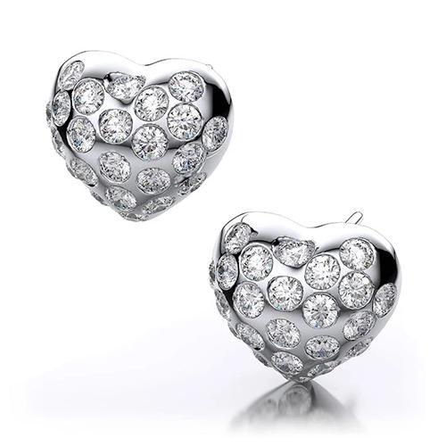 Orecchini A Bottone A Forma Di Cuore. Oro Bianco 14K Con Naturale Diamanti A Taglio Rotondo Da 3.20 Ct