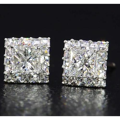 Orecchini A Bottone Con Naturale Diamanti Taglio Principessa. Oro Bianco 14K. 2 Carati