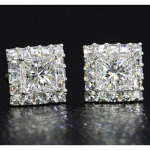Orecchini A Bottone Con Naturale Diamanti Taglio Principessa. Oro Bianco 14K. 2 Carati