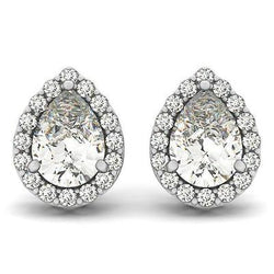 Orecchini A Perno Con Genuino Diamanti A Taglio Rotondo E Pera. 3.32 Carati. Oro Bianco 14K