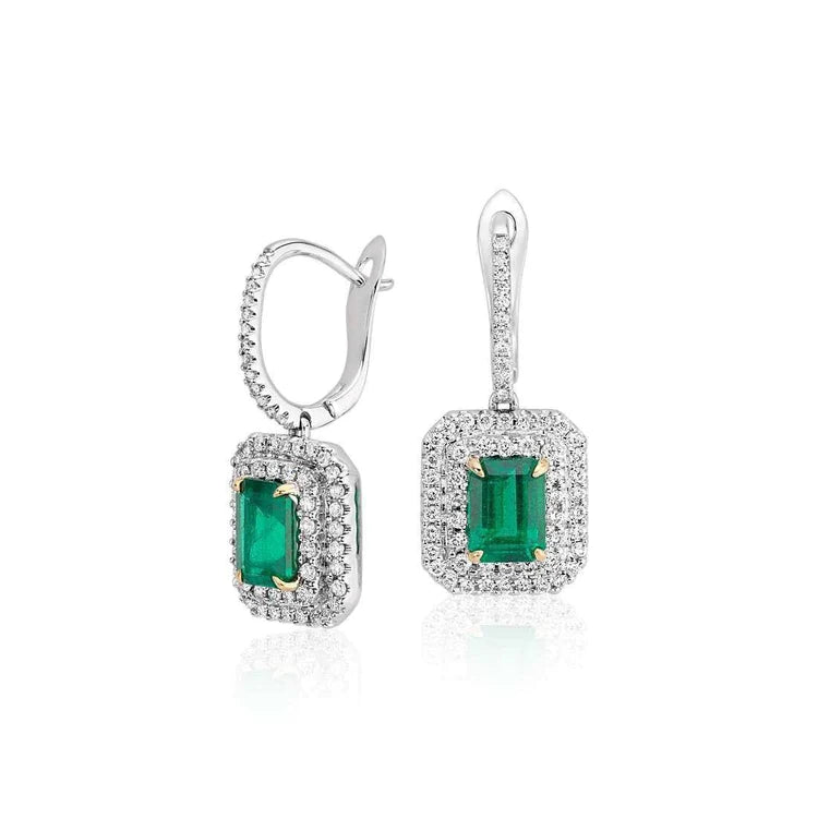 Orecchini Donna Pendenti Verde Smeraldo 6 Ct Con Diamanti Oro Bianco 14K