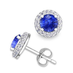 Orecchini Halo Studs Zaffiro Ceylon 4 carati e diamante tondo taglio brillante in Oro bianco 14K