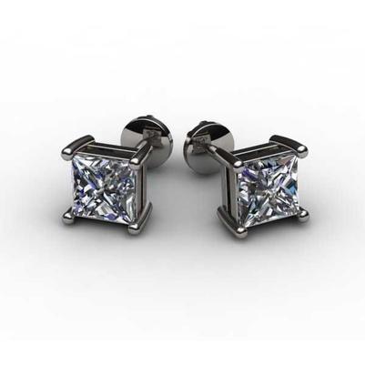 Orecchini Lady Studs In Oro Bianco Con Naturale Diamanti A Taglio Princess Da 4.50 Ct.