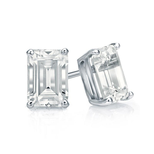 Orecchini a Bottone in Oro Bianco 14 Carati Con Diamanti Veri Taglio Smeraldo Di Grandi Dimensioni Da 5 CT