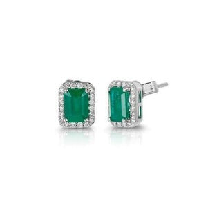 Orecchini a bottone con Verde smeraldo 9 carati e diamanti in oro bianco 14K
