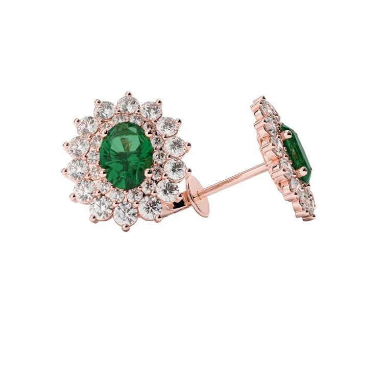 Orecchini a bottone con Verde smeraldo e diamanti stile Halo Flower Oro 14K 5.50 Ct