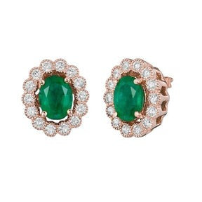 Orecchini a bottone in oro rosa 14K 7,20 carati con Verde smeraldo e diamanti Novità