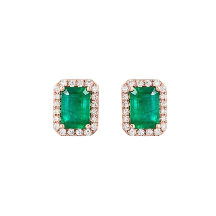 Orecchini in oro rosa 14K con Verde smeraldo e diamante 8 carati Lady Stud Halo