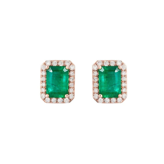 Orecchini in oro rosa 14K con Verde smeraldo e diamante 8 carati Lady Stud Halo