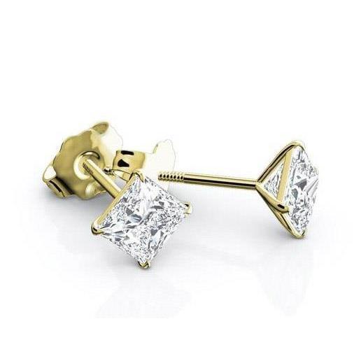 Orecchini A Bottone Con Vero Diamanti Da 2,50 Carati, Taglio Princess, Oro Giallo 14K