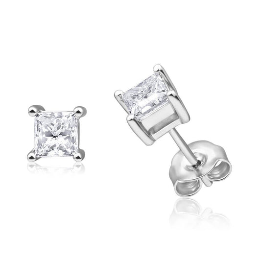 Orecchini A Bottone Da Donna In Oro Bianco Con Genuino Diamanti Da 3,30 Ct, Taglio A Principessa, Scintillanti