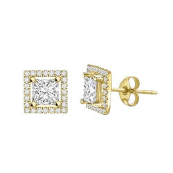 Orecchini A Bottone Halo Princess E Naturale Diamanti Rotondi 3,40 Ct. Oro Giallo 14K